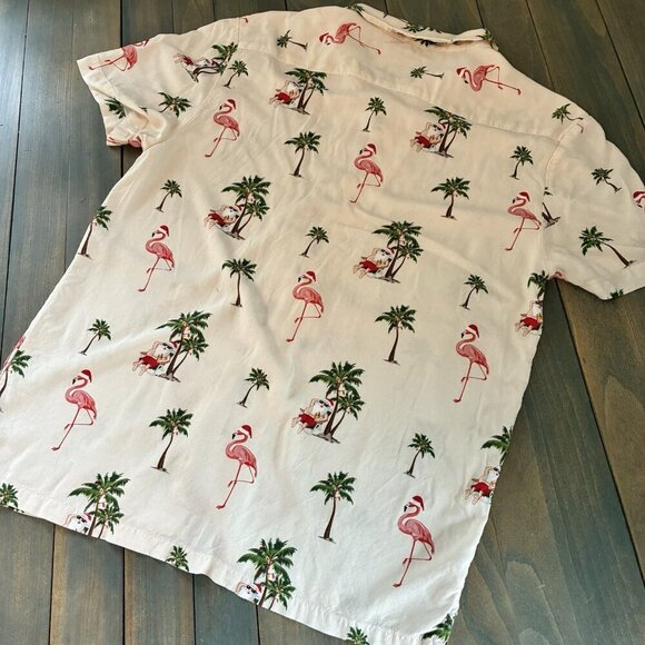 Denim & Flower Santa Palm Trees Flamingo Christmas Short Sleeve Mens XL (XM5) - Picture 4 of 5
